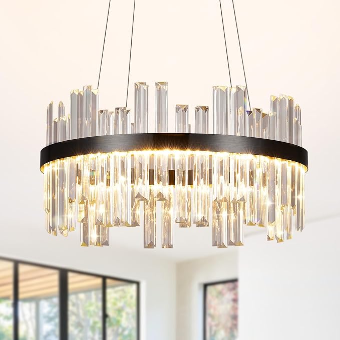 Modern Round Crystal Led Chandelier: 19.7" Black Luxury Chandeliers over Dining Table - Dimmable 3 Color Decorated Light Fixture - Elegant Drum Sparkly Chandelier for Living Room Bedroom with Remote