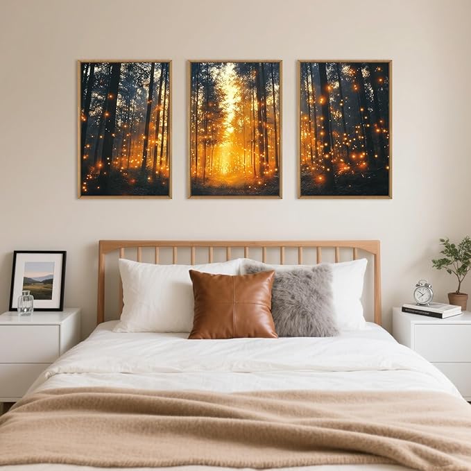 Large Magical Firefly Forest Framed Canvas Wall Art,Enchanted Night Nature Wall Decor,Moody Twinkling Firefly Artwork,Mystical Woodland Art Print for Living Room, Bedroom, Office- 24"x36"x3