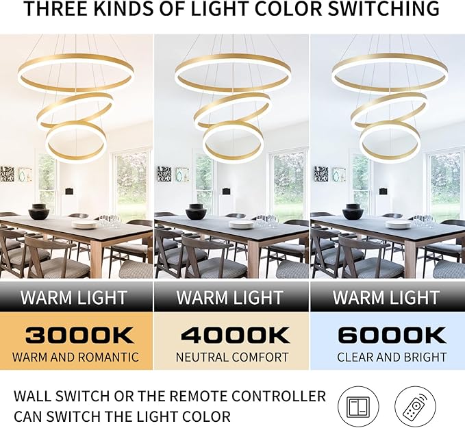 Modern Gold Chandelier Dimmable 3 Rings Chandelier Light Fixture 3000K-6500K Modern Led Pendant Light Color Changing Creative Design Kitchen Island Lighting Adjustable Hight