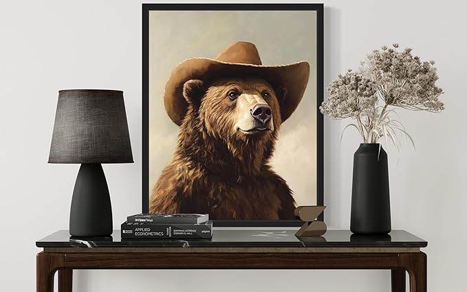Brown Bear Cowboy Art Print Poster Wall Art, Western Country Farmhouse Wild West for Bedroom, Bathroom, Living Room Art Decor 58 (Brown Bear, 8 x 10 inches, Black Frame)