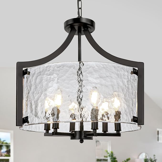 6-Light Glass Chandelier for Dining Room, 19.3'' Modern Black Foyer Chandelier Convertible Semi Flush Mount Ceiling Light, Farmhouse Pendant Lighting for Entryway Foyer Bedroom Kitchen