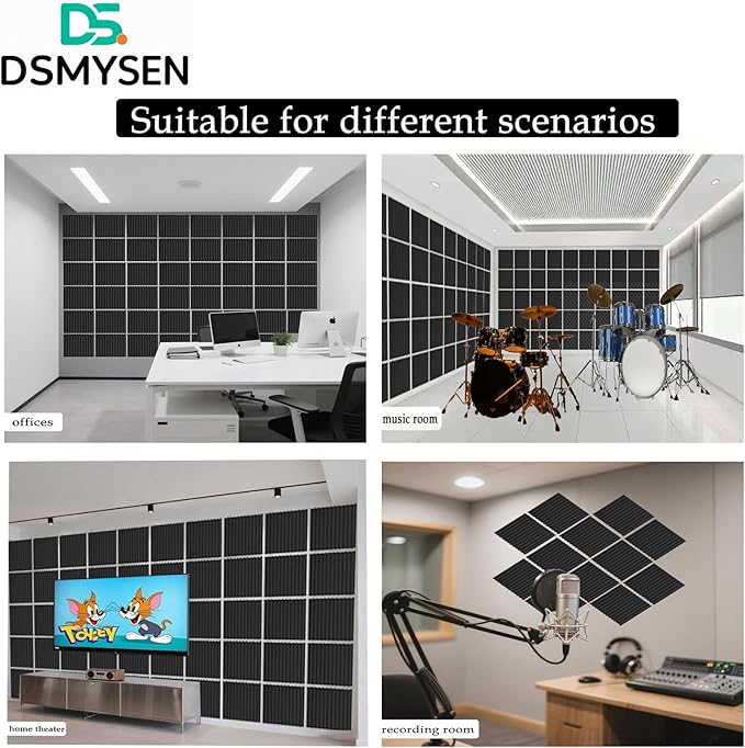 56-Pack Acoustic Foam Panels 12X12X1 Inch, Sound Proof Foam Panels for Walls/Studios, Included 280PCS Double Sided Adhesive Pads, Easy to Install (Black)