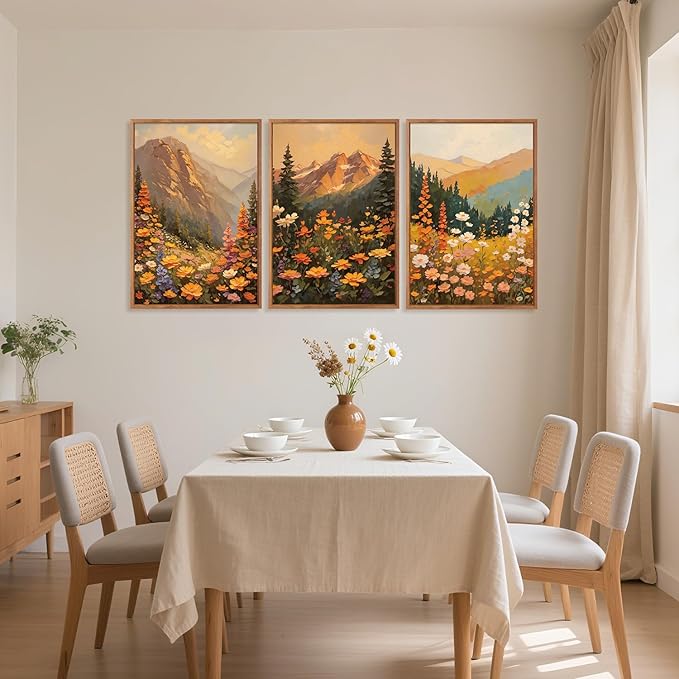 Aurlan Boho Mountain Sunset Landscape Framed Wall Art(16"x24"), 3PCS Large Wildflowers Meadow Canvas Artwork, Colorful Abstract Watercolor Nature Forest Scenery Decor for Home Office Bedroom