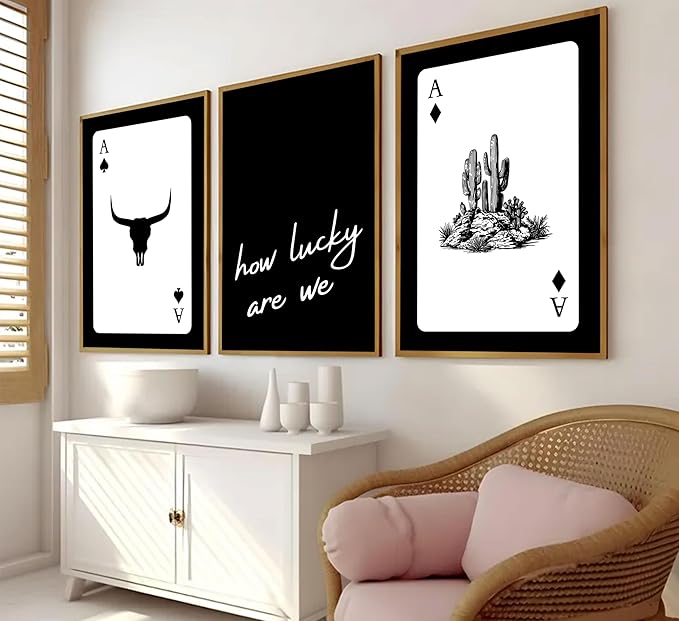 3Pcs Black and White Western Wall Art Country Southwest Canvas Poster Vintage Poker Ace Picture Cactus Bull Skull and How Lucky We Are Painting for Bedroom Living Room 16x24in Unframed