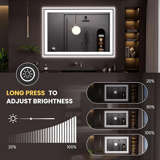 LOAAO 48"X32" LED Bathroom Mirror Black Framed, Anti-Fog, Dimmable, Lighted Bathroom Vanity Mirror for Wall, Memory Function, Tempered Glass