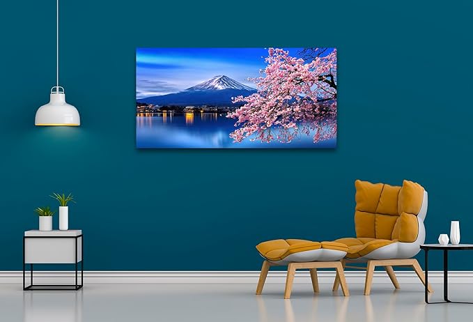 Aibonnly Wall Art Canvas Painting Cherry Blossoms Mount Fuji 1 Piece Mount Fuji and the Sakura Blossoming Lake Picture Poster Print Framed and Stretched Ready to Hang for Living Room Bedroom