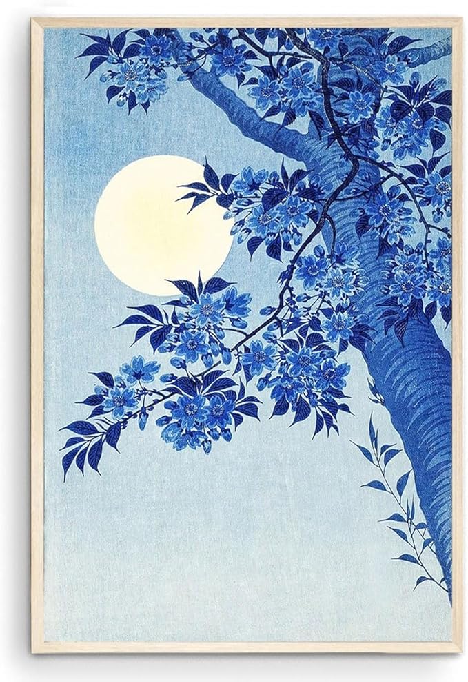 OZCONO Japanese Moon and Cherry Blossom Art Print, UV-Resistant Giclée Print, Unframed Wall Decor (14L x 11W)