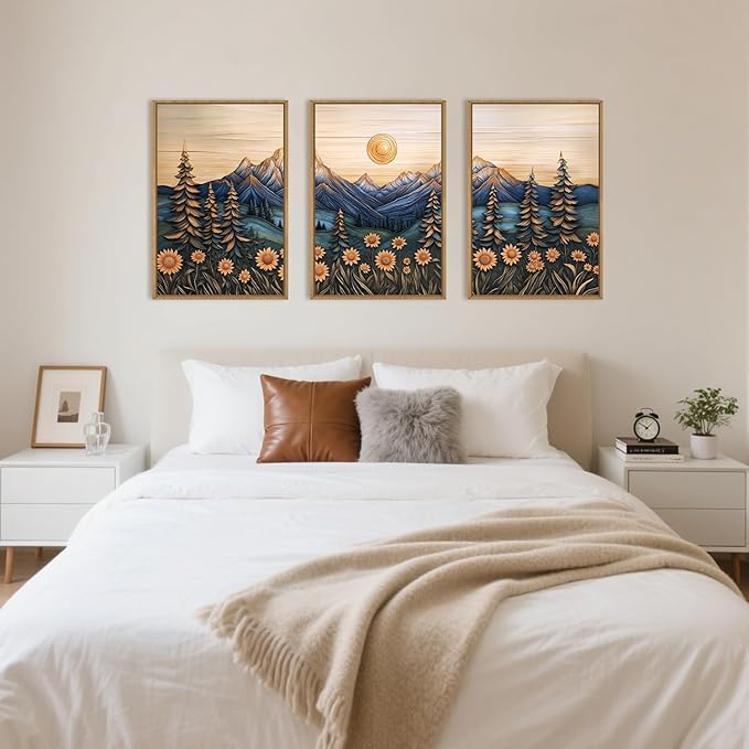 Large Natural Floral Mountain Framed Canvas Wall Art,Vintage Forest Wall Decor,Boho Abstract Moonlight Landscape Artwork,Mid Century Scenery Art Print for Living Room,Bedroom,Office- 16"x24"x3