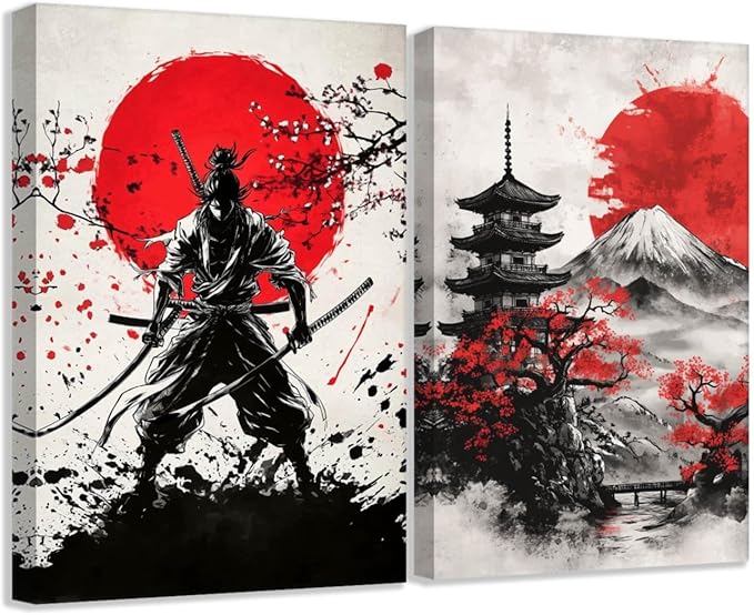 SWQYLB Japanese Wall Art 2 Piece Samurai Art Wall Decor Japanese Landscape Pictures Canvas Prints Asian Oriental Home Decor Framed (Black, (12"x16"x2 Pieces))