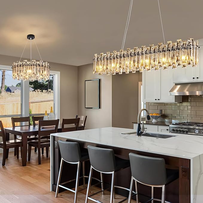 Modern Luxury Rectangular K9 Crystal Chandelier for Dining Room Living Room Kitchen Island Entryway Foyer L43 Easy Install Adjustable Hight 6-Light Ceiling Hanging Light Fixture Black