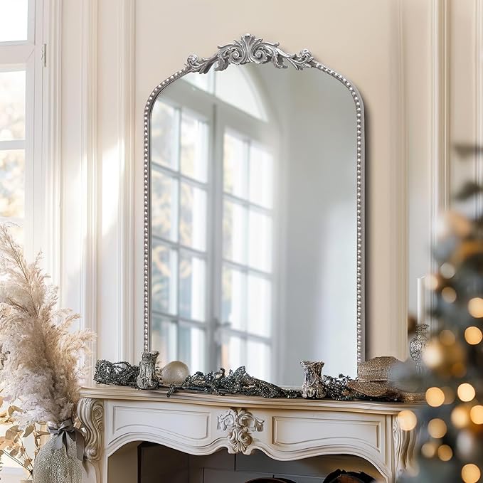 Antique Silver Arch Wall Mirror, 24"x36" Traditional Vintage Mantel Mirror with Ornate Metal Frame, Baroque Victorian Mirror for Fireplace/Entryway/Bathroom/Living Room/Hallway