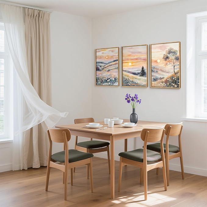 Ausril Watercolor Boho Sunset Framed Canvas Wall Art Set, Colorful Flower Wall Decor, Nature Daisy Wall Painting, Pink Wildflower Scenery Art Print for Living Room, Bedroom, Office, Hallway 24"X36"X3