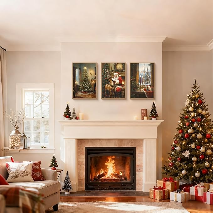 Ausril Vintage Christmas Wall Art Set of 3, Santa Reindeer Snowy Painting, Lit Tree Candle Window Artwork for Living Room, Bedroom, Fireplace, Xmas Gifts for Home Decoration 24×36 inch