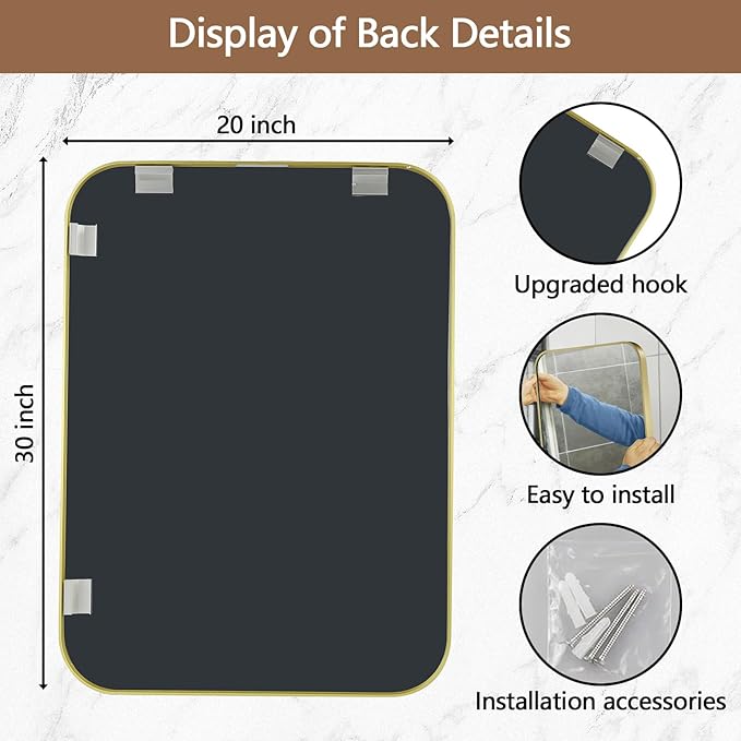 20x30 Inch Gold Mirror, Framed Rectangle Mirror with Rounded Corner, Brushed Brass Mirror, Gold Bathroom Mirror for Over Sink, Vanity, Living Room, Bedroom, Horizontal/Vertical