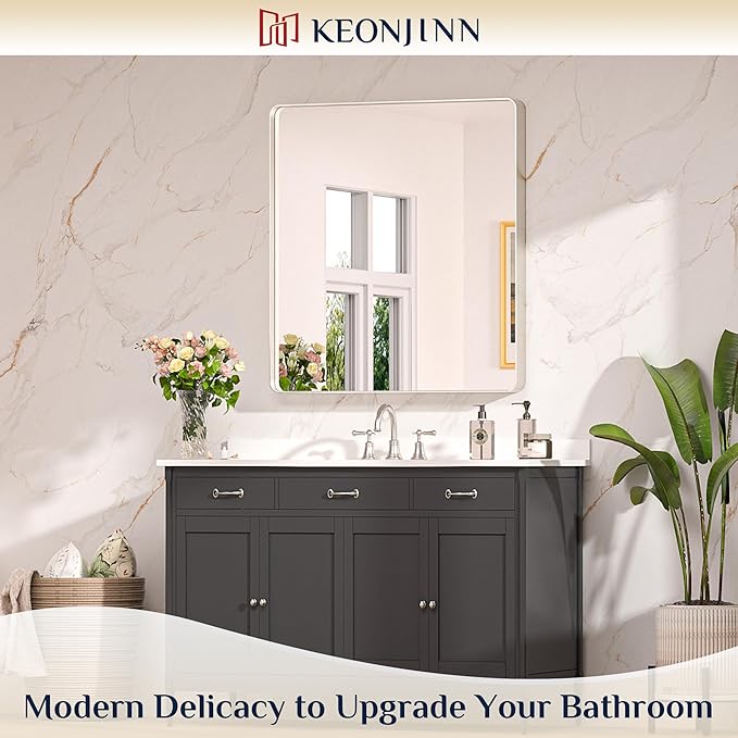 Keonjinn 32 x 36 Inch Brushed Nickel Bathroom Mirrors for Over Sink, Rounded Rectangle Silver Bathroom Vanity Mirror, Farmhouse Mirror for Wall, HD Tempered Glass, Anti-Rust Aluminum Alloy Mirror