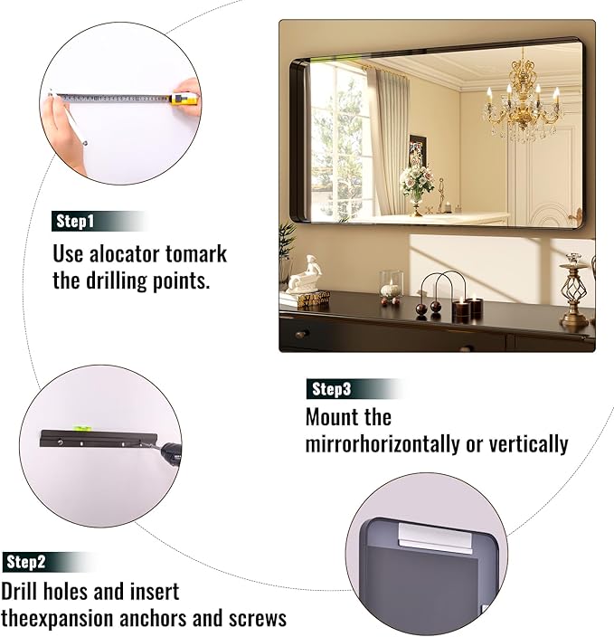 48"x30" Black Bathroom Mirror - Modern Black Mirror for Wall with Rounded Corners, Bathroom Mirrors for Vanity, Aluminum Alloy Framed Mirror Portrait or Landscape Hang