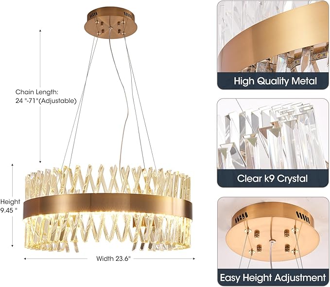 24" Modern Gold Crystal Chandeliers, Round Flush Mount Brass Crystal Lamp for Dining Room Living Room Kitchen Foyer K9 Clear Crystals,60W Led Dimmable 3000K