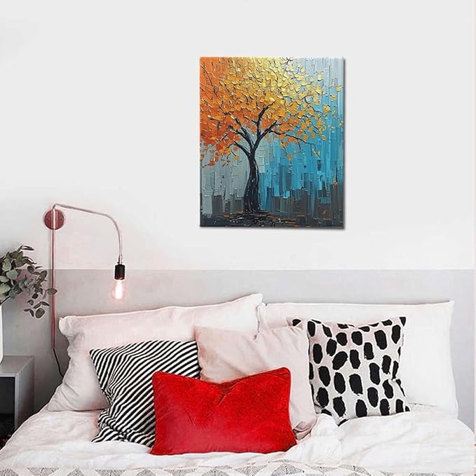 Abstract Wall Art Gold Tree Framed Modern Artwork Canvas Painting Textured Tree of Life Pictures Home Decor For Living Room Bedroom Bathroom Office 20"X24"