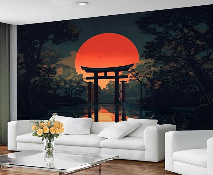 Japanese Style Mural Wallpaper, Japanese Torii Gate Murals, Red Sun Forest Murals Wallpaper for Living Room Bedroom Tv Background Wall Home Decor Mural (Not Peel Stick)