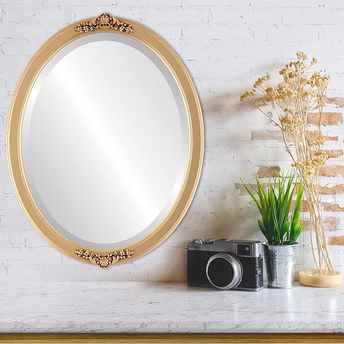 OVALCREST Oval Beveled Wall Mirror for Home Decor - Athena Style - Gold Spray - 18" x 14" Outside Dimensions