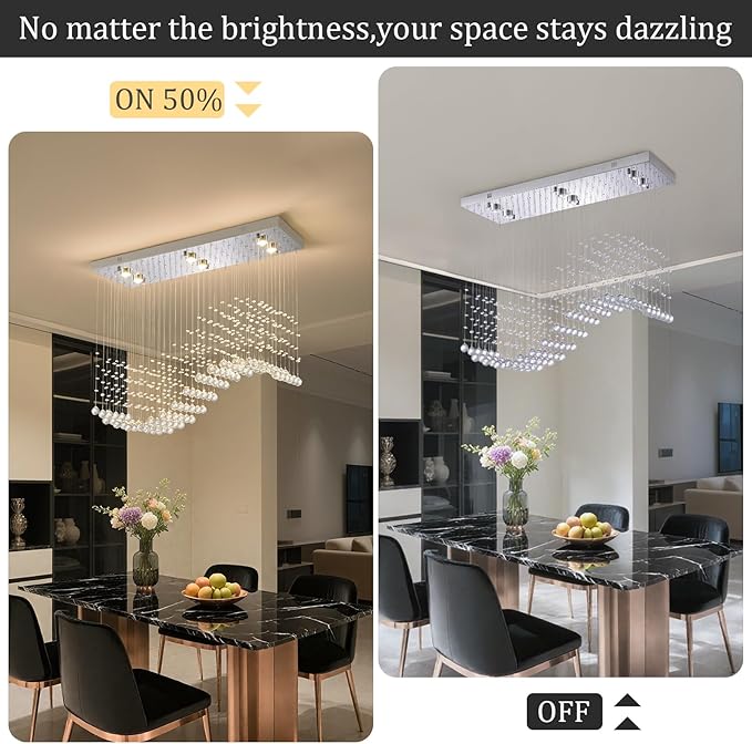 Modern Silver Crystal Raindrop Chandelier: 31.5" Rectangle Dimmable Lighting with Remote - Contemporary Chrome Wave Ceiling Light for Kitchen Dining Room Living Room Staircase Foyer Entryway Bedroom