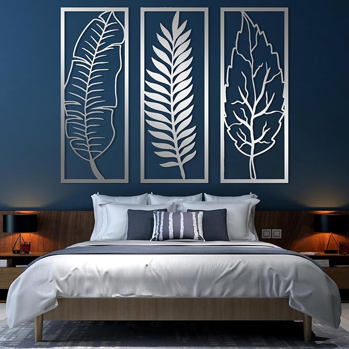 3 Pcs Metal Leaf Wall Decor-Palm Leaf Wall Art, Leaves Metal Wall Decor, Boho Wall Decor, Flower Wall Decor, Modern Wall Art, Maximalist Wall Decor, Wall Decor Living Room (30" x12"|76x29cm, Silver)