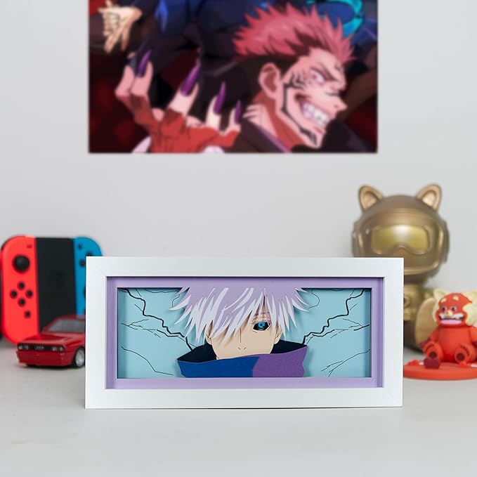 Anime LED Light Box, Manga Shadow Box Frame, Paper Cut, Table Lamp for Anime Enthusiasts, RGB Multi Color, Night Light for Room Decor, Unique Anime Desk Decor (Saturo Goju)