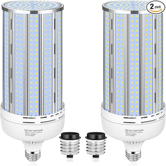 2 Pack 300W Corn LED Light Bulb Fanless,5000K Daylight(3000 Watt Equivalent) E26/E39 Large Mogul Base LED Cob Lamp 44,000LM for Outdoor Indoor Garage Warehouse Factory Workshop Street Backyard