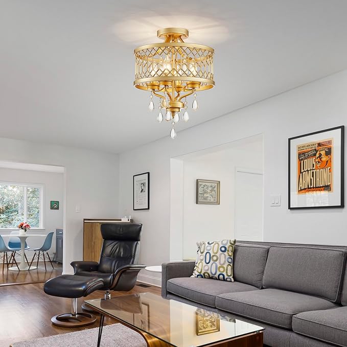 Crystal Ceiling Light Fixture, Farmhouse Semi Flush Mount Ceiling Light, Gold Crystal Chandeliers for Dining Room Light Fixture, Hallway Lighting Fixtures for Kitchen Bedroom Bathroom Foyer Entryway