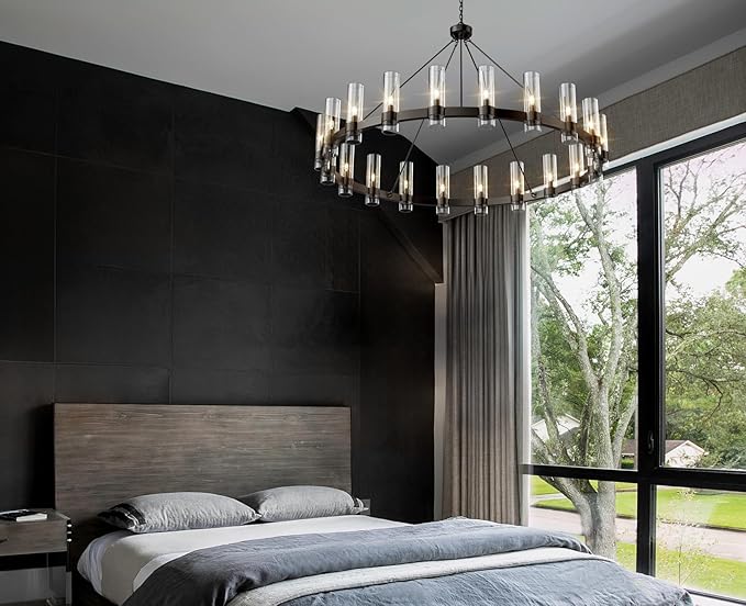 60" Black Wagon Wheel Chandelier, Large 20-Light Farmhouse Round Pendant Light Fixture with Glass Shade, Hanging High Ceilings Chandeliers for Dining Room Kitchen Foyer Entryway Living Room