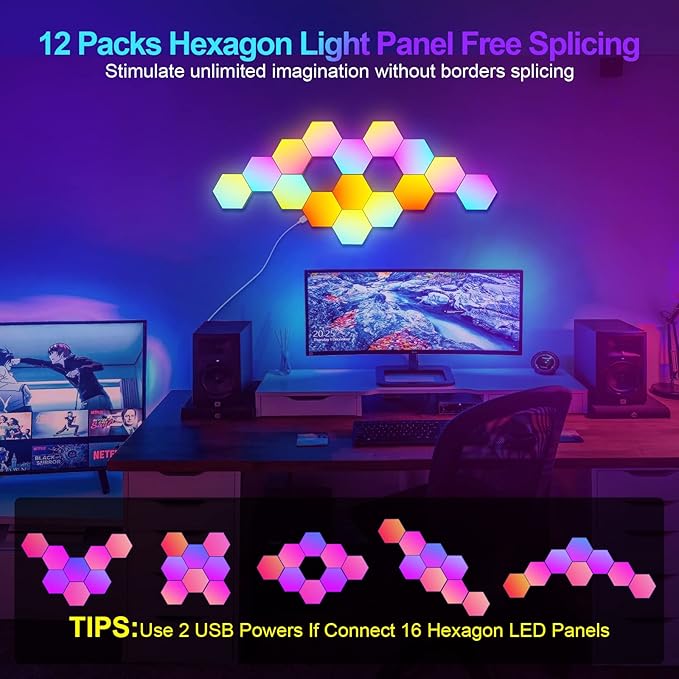 12-Pack Hexagon Light Panels – Smart RGB LED Wall Lights with App & Remote – Music Sync Gaming Lights for Room Decor, Birthday & Party Gifts for Boys, Teens, Men, Boyfriends, and Kids