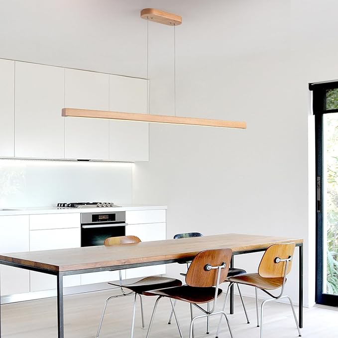 59" Wood Linear Pendant Light Fixtures Led Dining Room Chandelier Linear Kitchen Island Hanging Lights Dimmable Modern Pendant Light for Dining Room Kitchen Island Pool Table Lights Natural