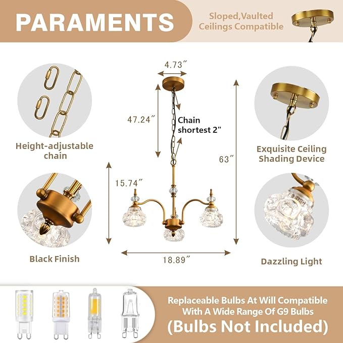 Black Chandelier, 3-Light Vintage Crystal Chandeliers for Dining Room, Industrial Foyer Lighting Fixtures, Kitchen Island Lighting, Modern Farmhouse Hanging Pendant Lights for Living Room, Bedroom