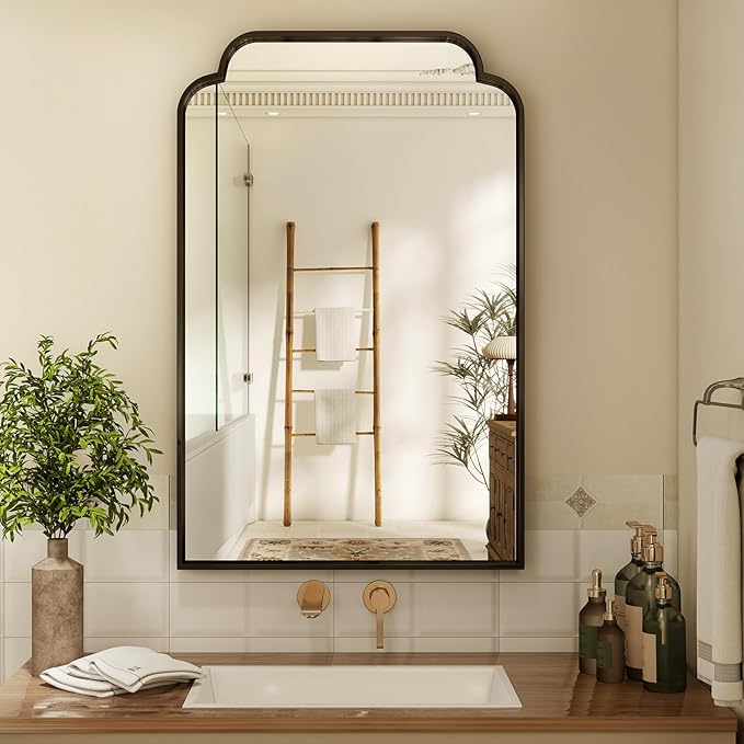 24X36 Inch Black Bathroom Mirror for Wall, Modern Rounded Corner Rectangle Mirror with Non-Rusting Iron Metal Framed Bathroom Vanity Mirror for Over Sink Wall Decor