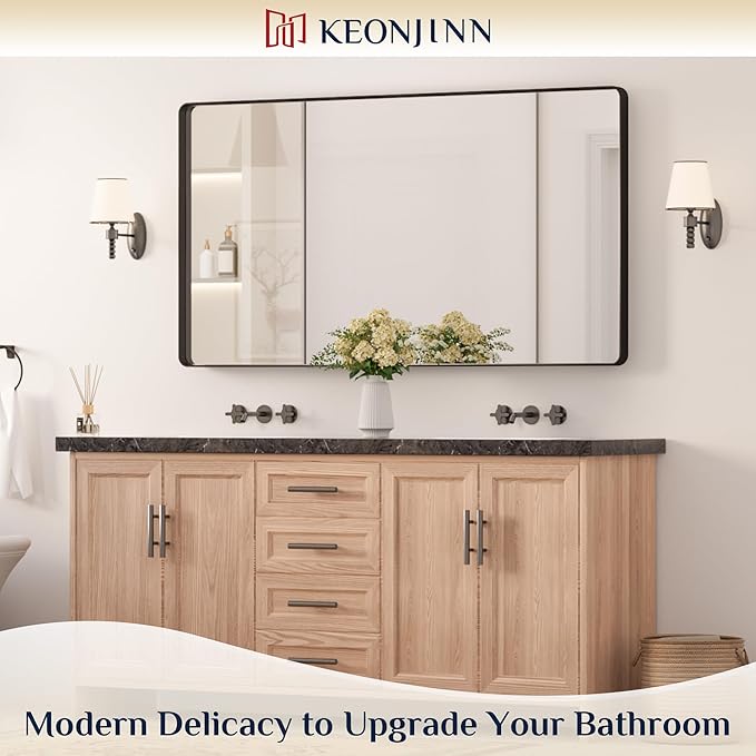 Keonjinn Black Bathroom Mirror - 55 x 30 Inch Large Metal Framed Wall Mirror, HD Tempered Glass, Modern Decorative Mirror (Horizontal/Vertical)