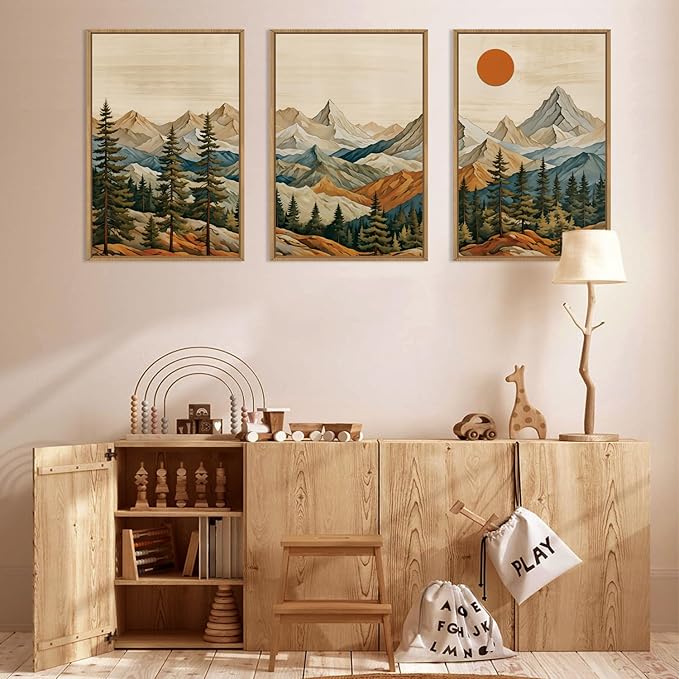 Ausril Boho Woodcut Mountain Framed Canvas Wall Art Set, Woodcut Pine Tree Wall Decor, Brown Wooden Forest Wall Painting, Vintage Mountain Sunrise Art Print for Living Room, Bedroom, Office 24"X36"X3