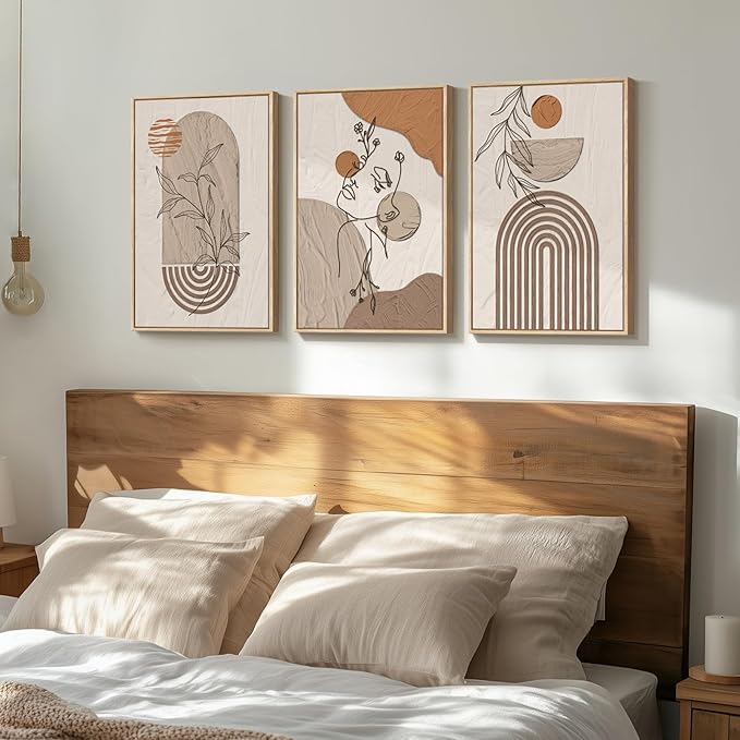 Neutral Framed Large Boho Canvas Wall Art, 3 Piece Bohemian Earth Tone Prints Paintings Artwork for Walls, Elegant Abstract Woman Face Pictures for Living Room, Bedroom, Office Wall Decor -16x24 Inch