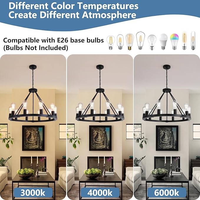 9MMML 10 Lights Wagon Wheel Chandelier, Black Round Globe Wrought Iron Pendant Lights for Dinging&Living Room Kitchen Island Porch Enteyway Hallway,Dia26.4,E26 Bulbs, Heights Adjustable