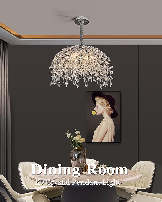 Modern Crystal Chandelier for Dining Room, 8-Light 23.62" Chrome Tree Branch Chandeliers, Luxury K9 Crystal Rectangular Chandeliers for Kitchen Island Living Room