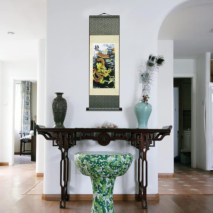 Chinese Landscape Painting Asian Wall Art Silk Scroll Painting Chinese Dragon Decoration Scroll Wall Five Paws Golden Dragon Decor Posters for Room Aesthetic Gallery Wall 36.2 x 12 in(L1)