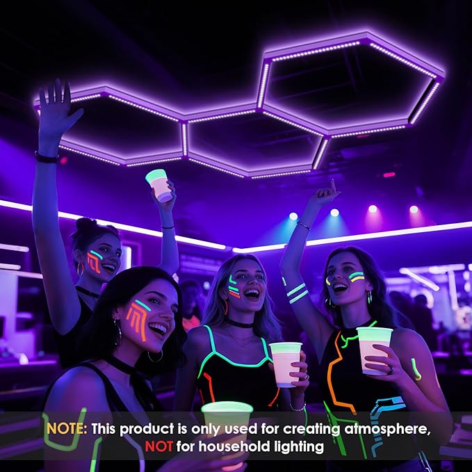 BRILLIHOOD 16 Pack LED Hexagon Blacklights, 112W, 3 Girds UV Black Light Fixture with US Plug for Neon Glow Party, Halloween, Body Paint and Art Displays in Large Space