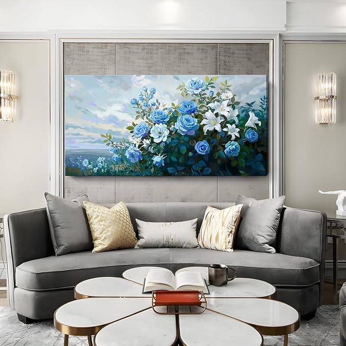 Nicetop Extra Large Floral Canvas Art for Living Room – Elegant Botanical Wall Picture with White Lilies, Blue Roses & Green Leaves – Horizontal Nature Artwork for Bedroom, Office, Kitchen, 58x29 Inch