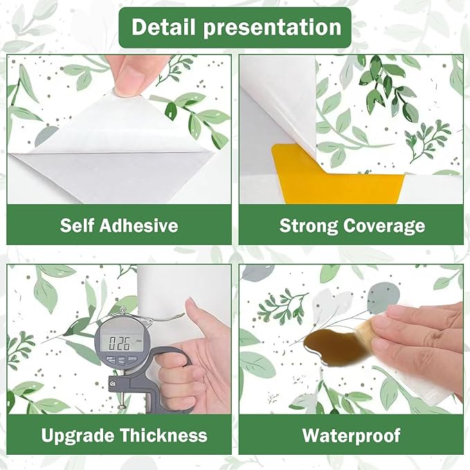 Modern Sage Green Leaf Peel and Stick Wallpaper Boho Botanical Eucalyptus Removable Leaf Floral Contact Paper Self Adhesive Vinyl Wallpaper for Cabinets Farmhouse Bedroom and Bathroom 17.5" x 118"