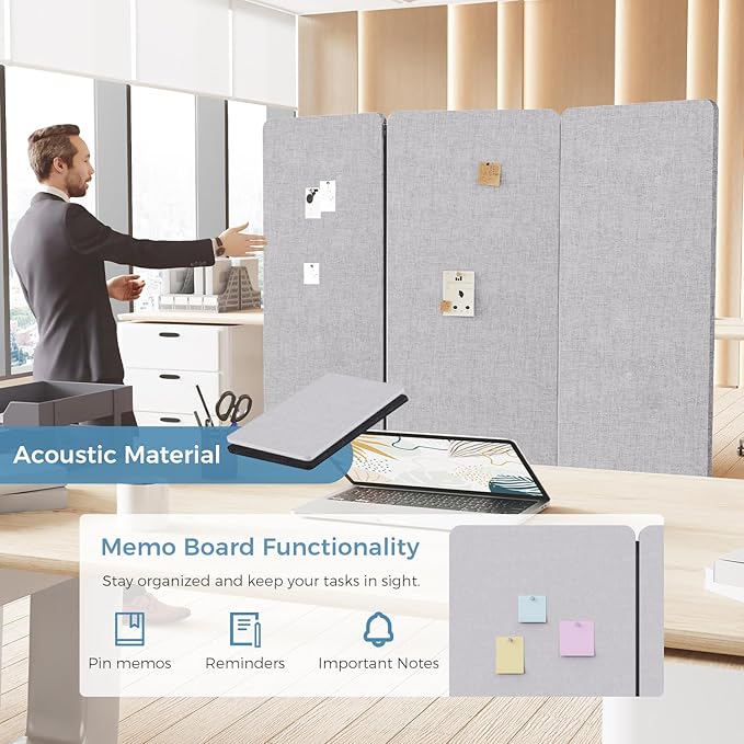 70.8" W x 63" H Freestanding Partition Room Dividers, Acoustic Panels with Wheels, 3 Soundproof Privacy Panels for Office, Reception Room, School, Hospital, Light Grey