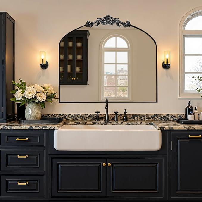 MISSDAY Vintage Arched Baroque Mirror for Wall, 36"X30" Antique Wall Mirror with Elegant Carving Top, Full Metal Frame Wall-Mounted Mirror for Bathroom, Living Room, Fireplace, Entryway, Matte Black