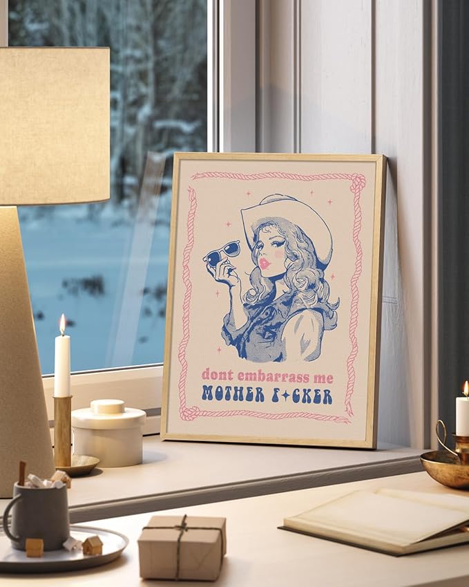 ARPEOTCY Small Framed Canvas Wall Art, 12x16in, Vintage Cowgirl Attitude Art, Trendy Western Room Pink Blue Wall Decor for Bedroom Office Shelf, Country Retro Artwork