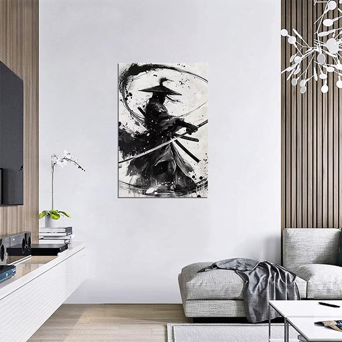 Japanese Samurai Wall Art Black and White Warrior Wall Decor Prints Vintage Japanese Cultural Samurai Pictures Canvas Painting Framed for Living Room Bathroom Bedroom Office (28''W x 44''H)
