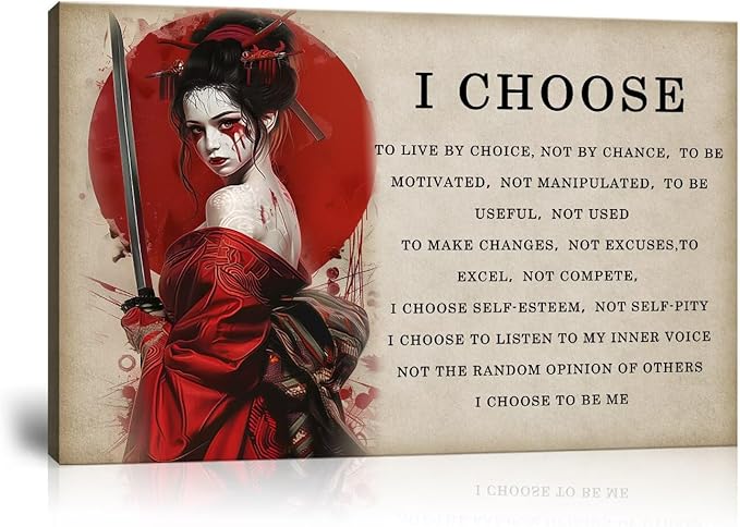 Motivational Japanese Geisha Canvas Wall Art Prints Red Moon Wall Decor Samurai Painting Inspirational Quotes I Choose Poster Framed for Hotel Living Room Bedroom Framed (24''W x 36''H)