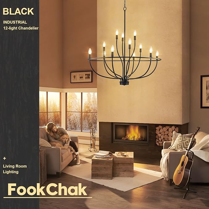 Black Chandelier 12 Light, Hallway Chandelier for Entryway High Ceiling Foyer Candle Chandeliers 36in Modern Farmhouse Light Fixture Chandeliers for Dining Room Master Bedroom Living Room