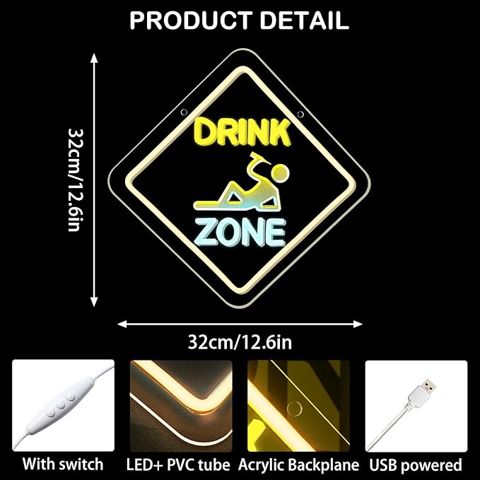 Looklight Led Bar Sign Drink Zone Neon Sign Dimmale Neon Signs For Wall Decor Led Lights Drinks Sign For Bar Man Cave Club Party Bedrooom Decoration USB Powered 12.6x12.6in